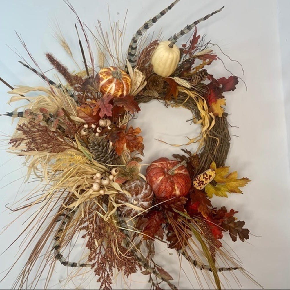 New Fall Floral Farmhouse Elegant Pumpkin Feathers Door Wall Wreath